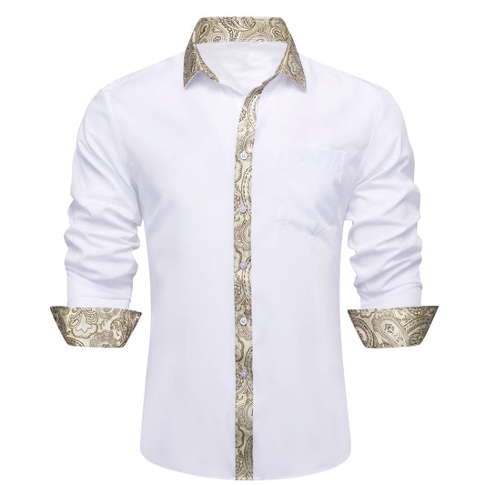 White Dress Shirt with Champagne Paisley Trim Detailing shirt S - Sophisticated Gentlemen