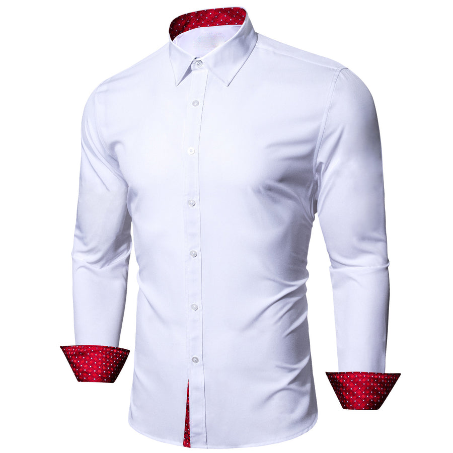 White Dress Shirt with Red & White Plaid Accent Trim shirt - Sophisticated Gentlemen