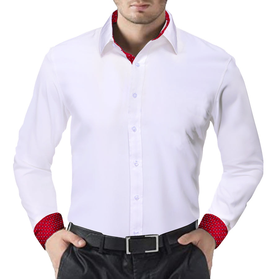 White Dress Shirt with Red & White Plaid Accent Trim shirt - Sophisticated Gentlemen