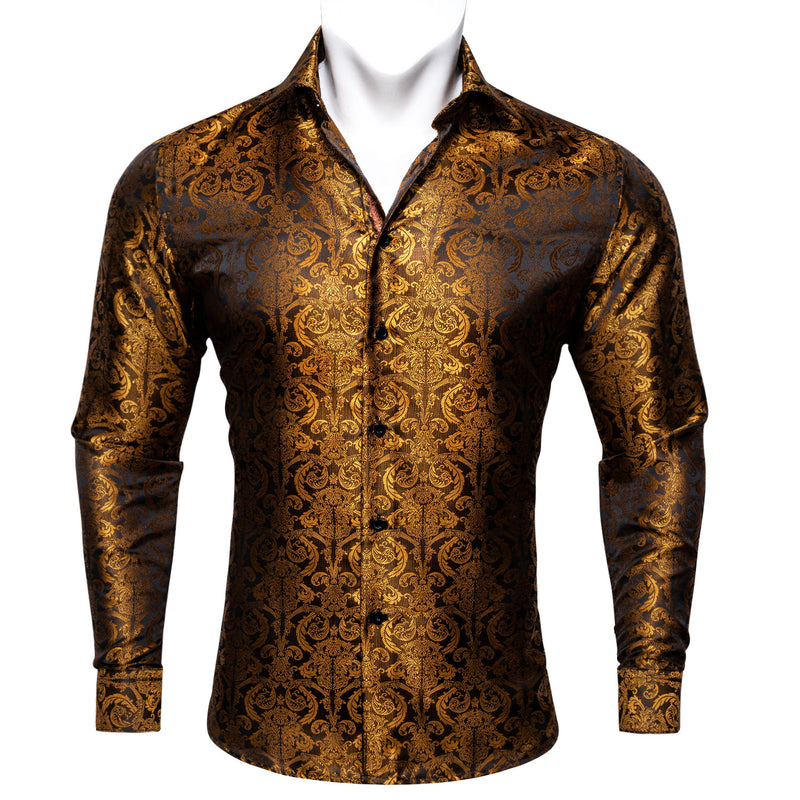 Opulent Golden Brown Paisley Silk Dress Shirt shirt S - Sophisticated Gentlemen