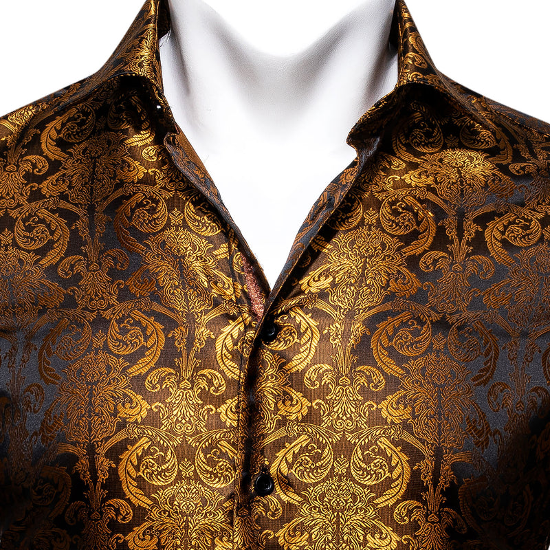 Opulent Golden Brown Paisley Silk Dress Shirt shirt - Sophisticated Gentlemen