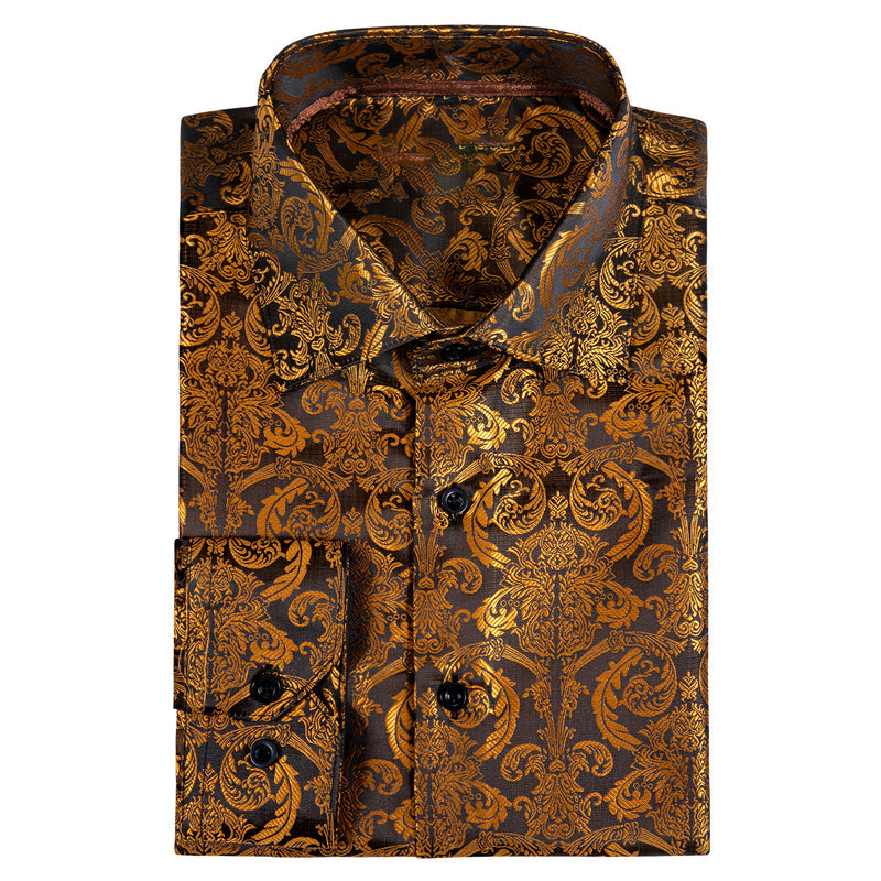 Opulent Golden Brown Paisley Silk Dress Shirt shirt - Sophisticated Gentlemen