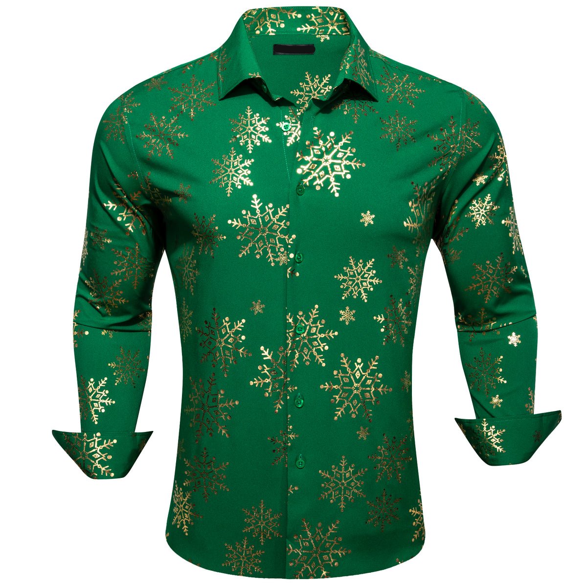 Green & Gold Snowflake Silk Shirt with Festive Design shirt - Sophisticated Gentlemen