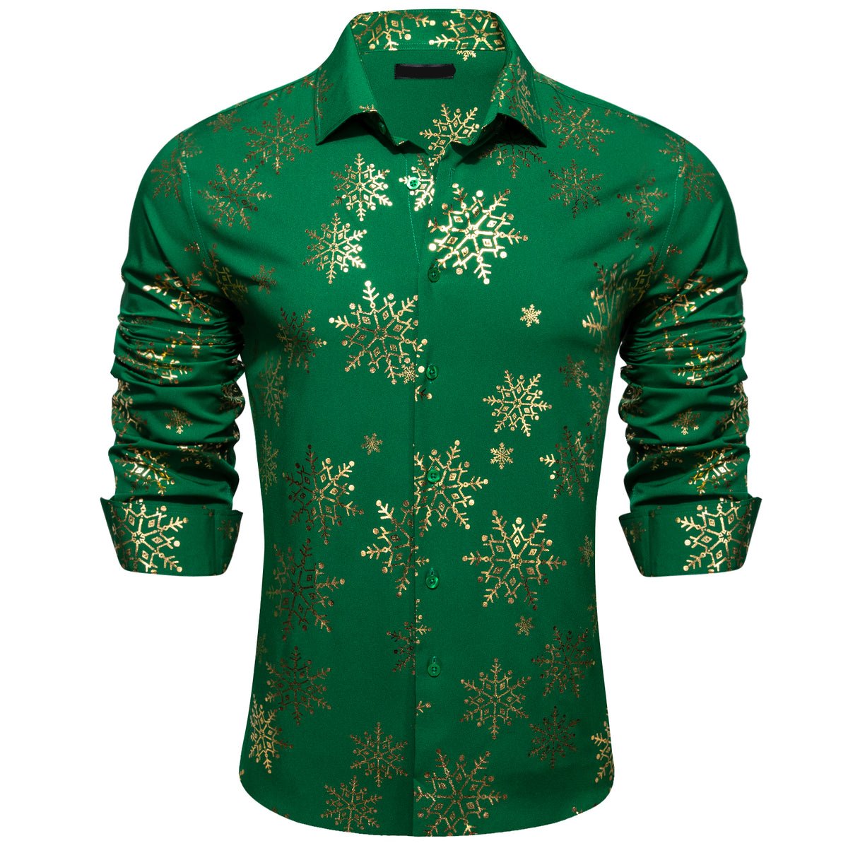 Green & Gold Snowflake Silk Shirt with Festive Design shirt - Sophisticated Gentlemen