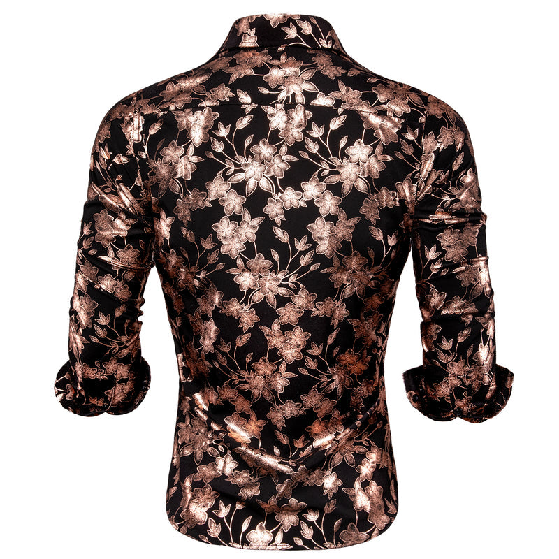Black & Bronze Silk Shirt with Cherry Blossom Pattern shirt - Sophisticated Gentlemen