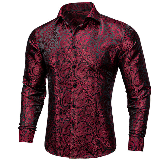 Dark Red Paisley Silk Shirt shirt S   - Sophisticated Gentlemen