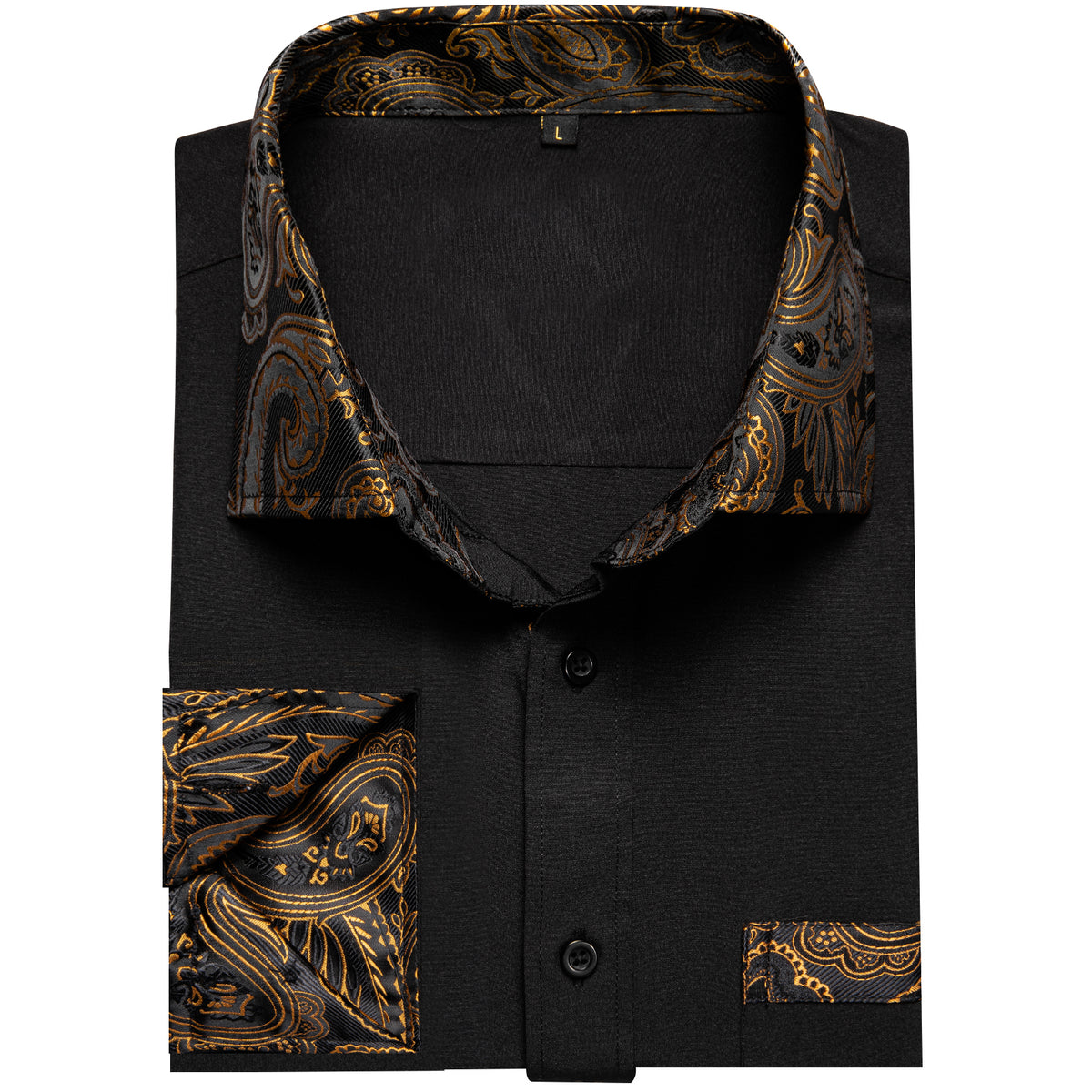 Black Dress Shirt With Gold Paisley Accent Sophisticated Gentlemen