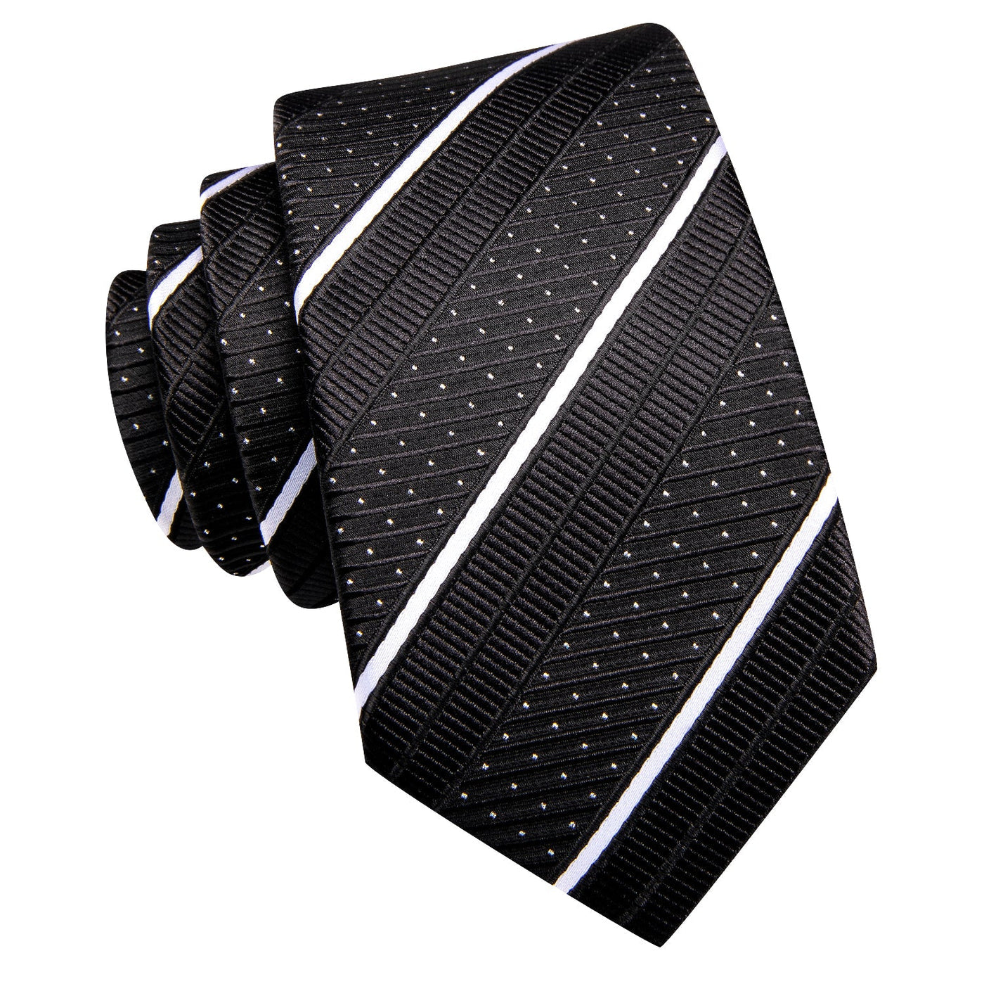 Black & White Diagonal Stripe & Dot Silk Tie, Pocket Square & Cufflinks Set tie set - Sophisticated Gentlemen