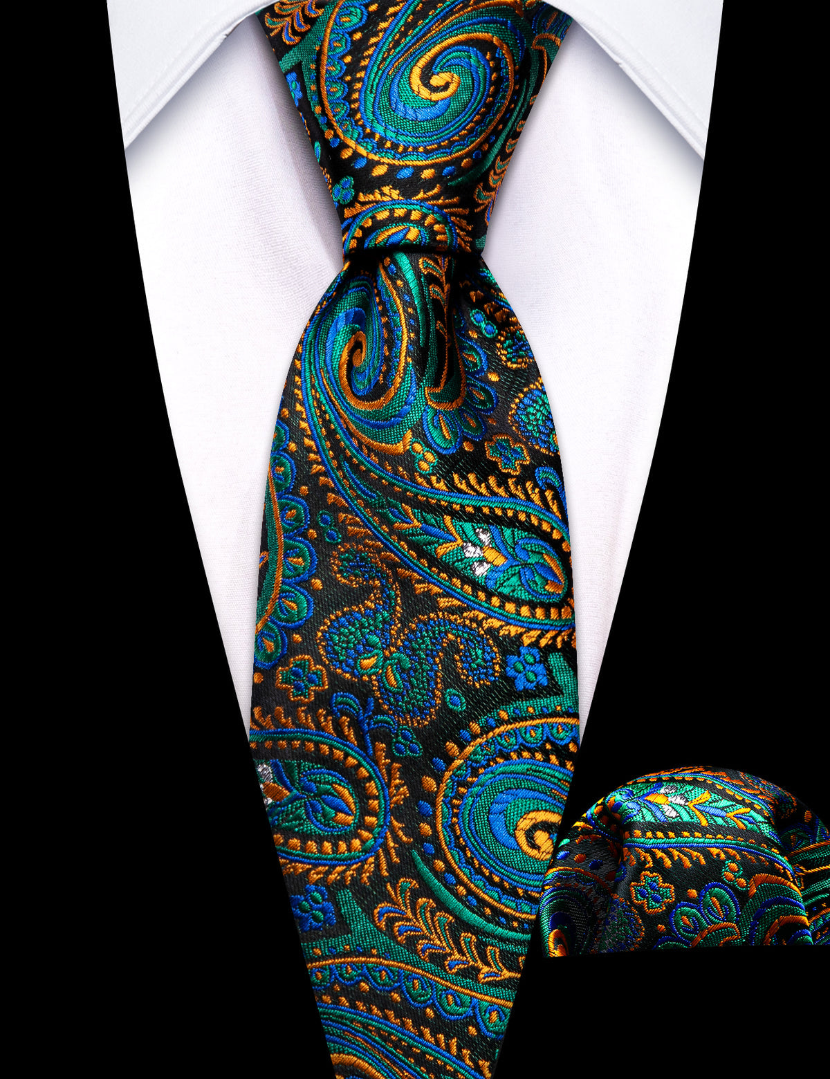 Teal Blue Orange Paisley Silk Kids Tie, Pocket Square and Cufflinks Set tie sets - Sophisticated Gentlemen