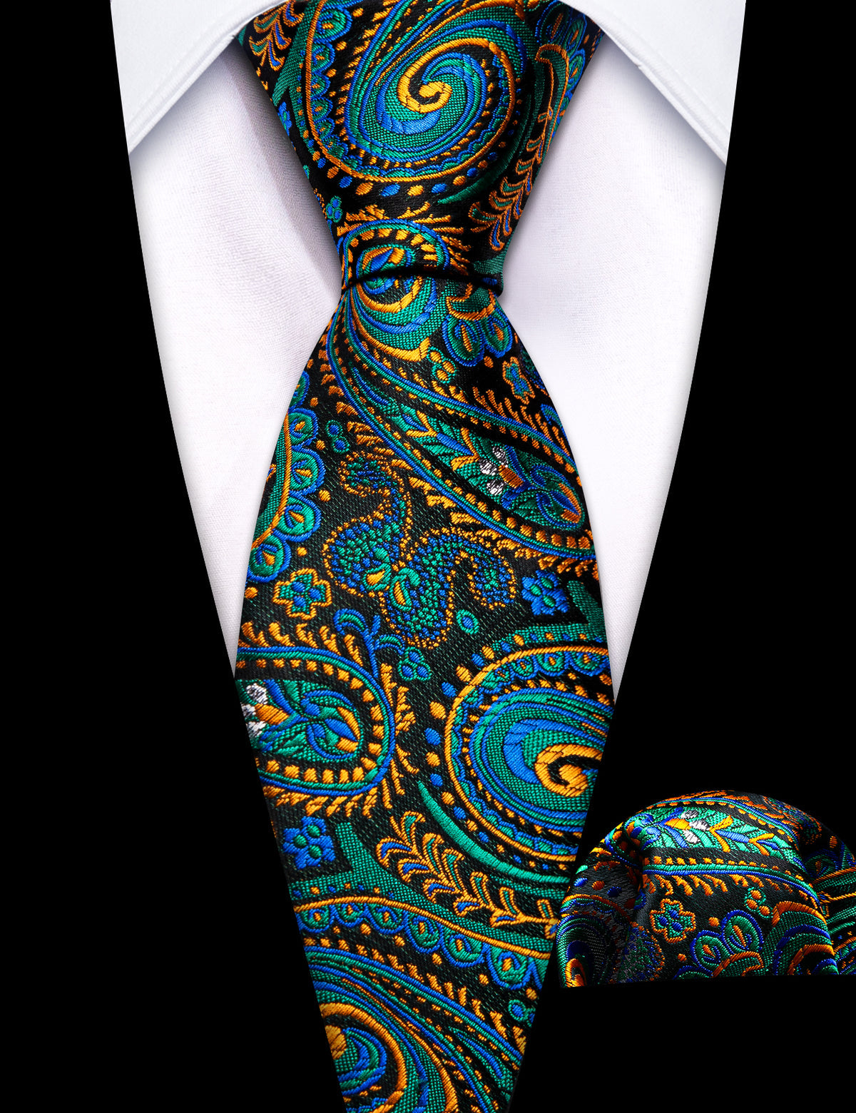Teal Blue Orange Paisley Silk Kids Tie, Pocket Square and Cufflinks Set tie sets - Sophisticated Gentlemen