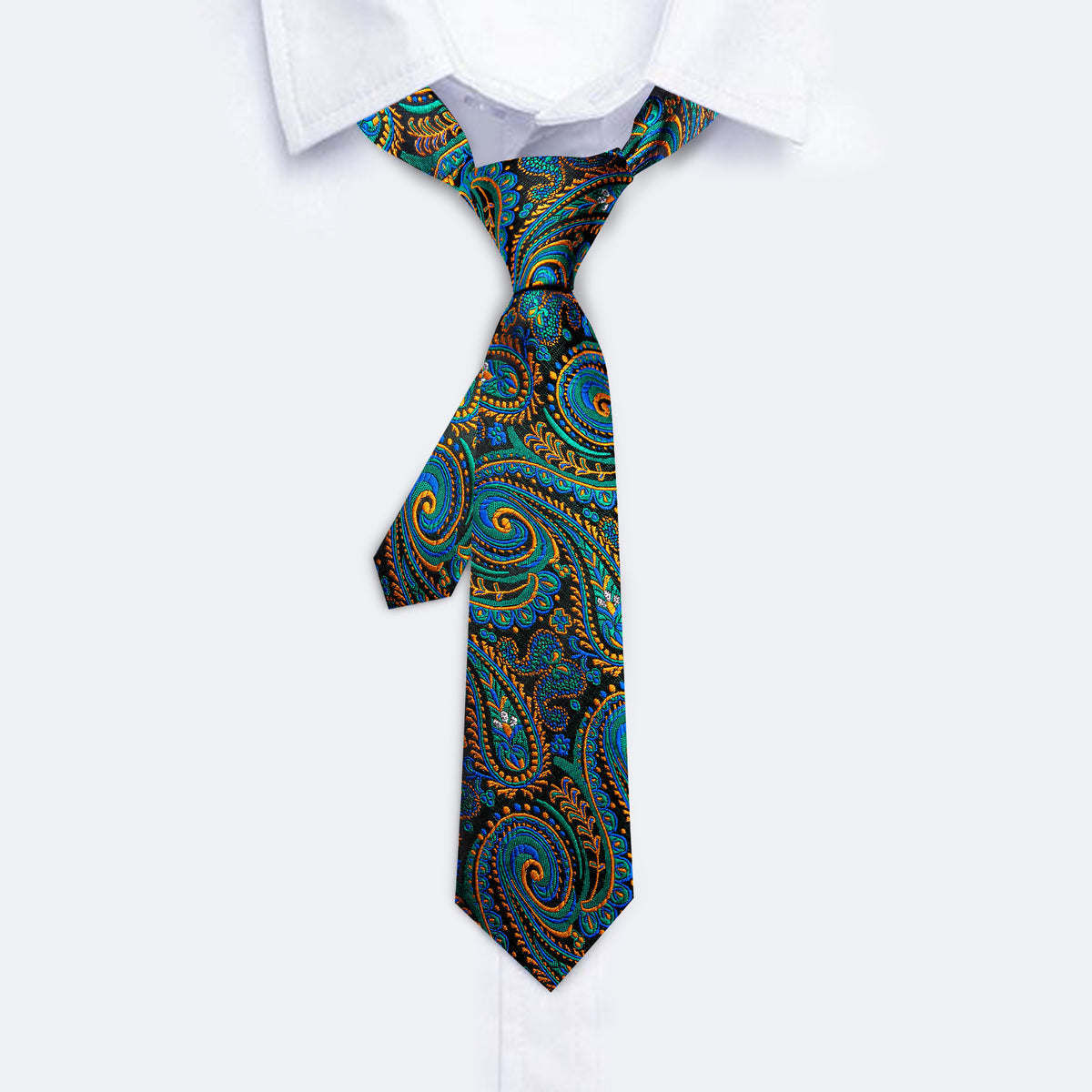 Teal Blue Orange Paisley Silk Kids Tie, Pocket Square and Cufflinks Set tie sets - Sophisticated Gentlemen
