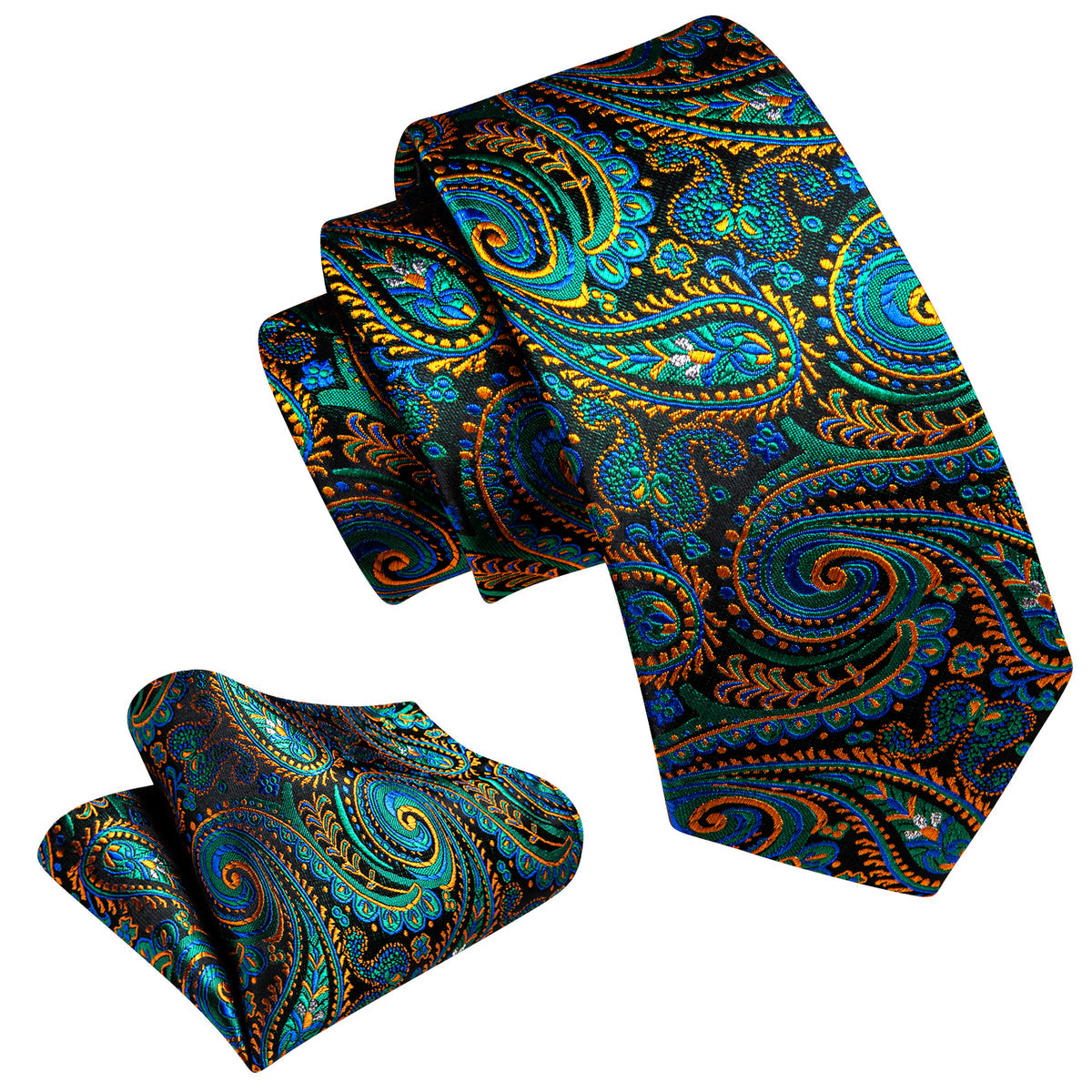 Teal Blue Orange Paisley Silk Kids Tie, Pocket Square and Cufflinks Set tie sets - Sophisticated Gentlemen