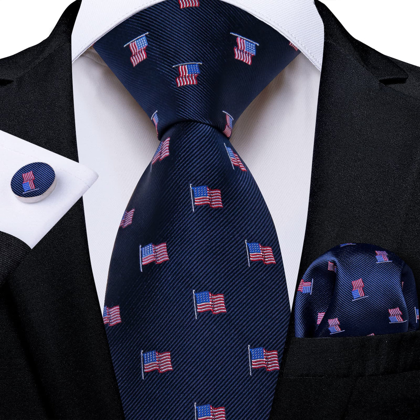 Navy Blue American Flag Tie, Pocket Square & Cufflinks Set – Patriotic Men's Accessory tie sets - Sophisticated Gentlemen
