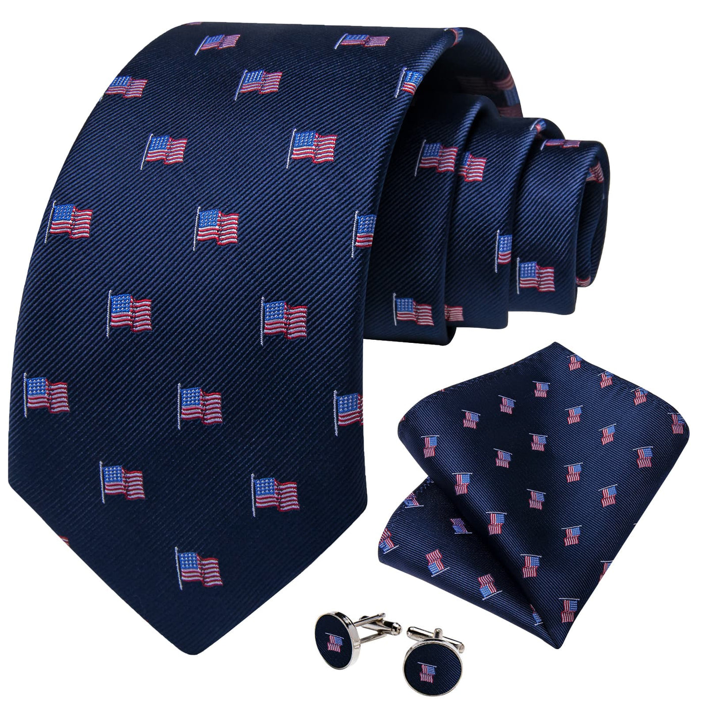 Navy Blue American Flag Tie, Pocket Square & Cufflinks Set – Patriotic Men's Accessory tie sets - Sophisticated Gentlemen