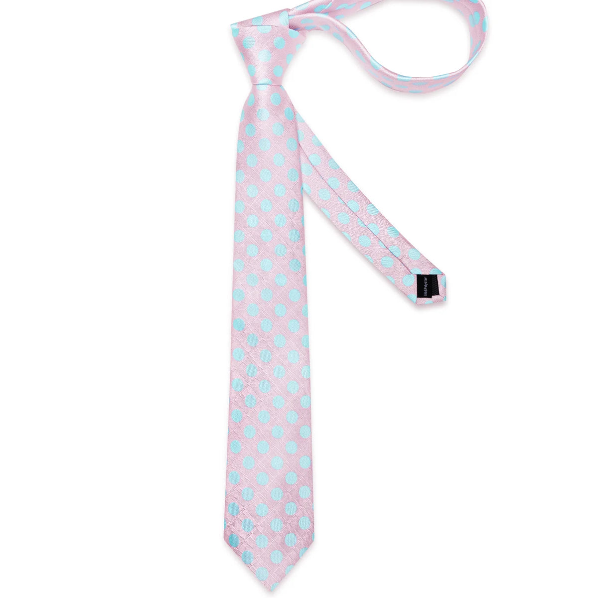 Pink and aqua polka dot silk tie shown full length with back detail