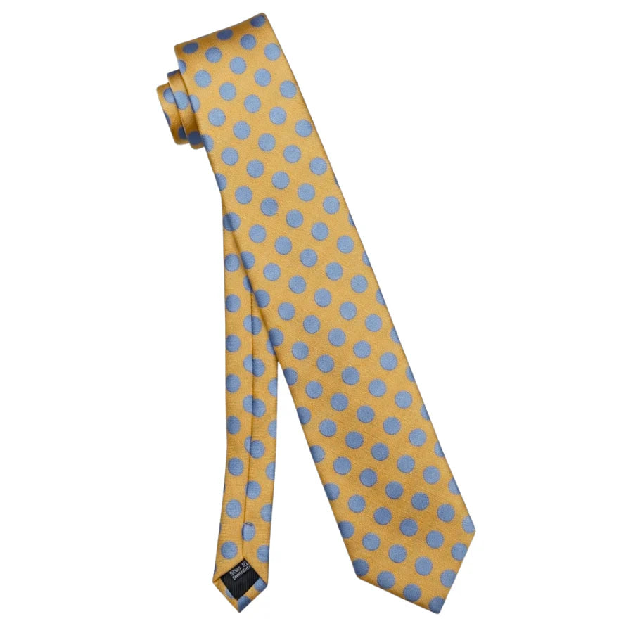 Full view of gold tie with light blue polka dots for men