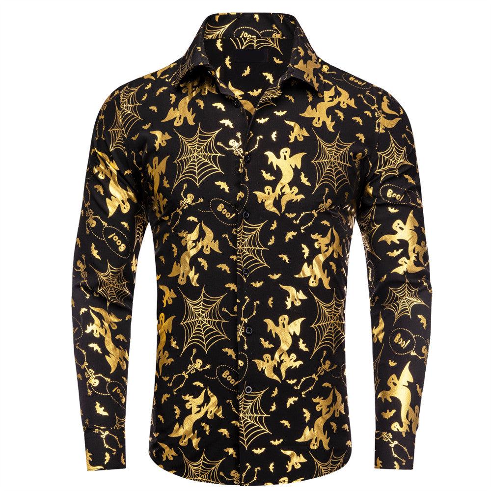 Black & Gold Silk Shirt with Halloween Cobweb, Skull, and Ghost Pattern shirt S   - Sophisticated Gentlemen