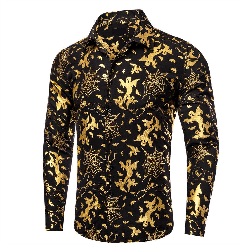 Black & Gold Silk Shirt with Halloween Cobweb, Skull, and Ghost Pattern shirt    - Sophisticated Gentlemen