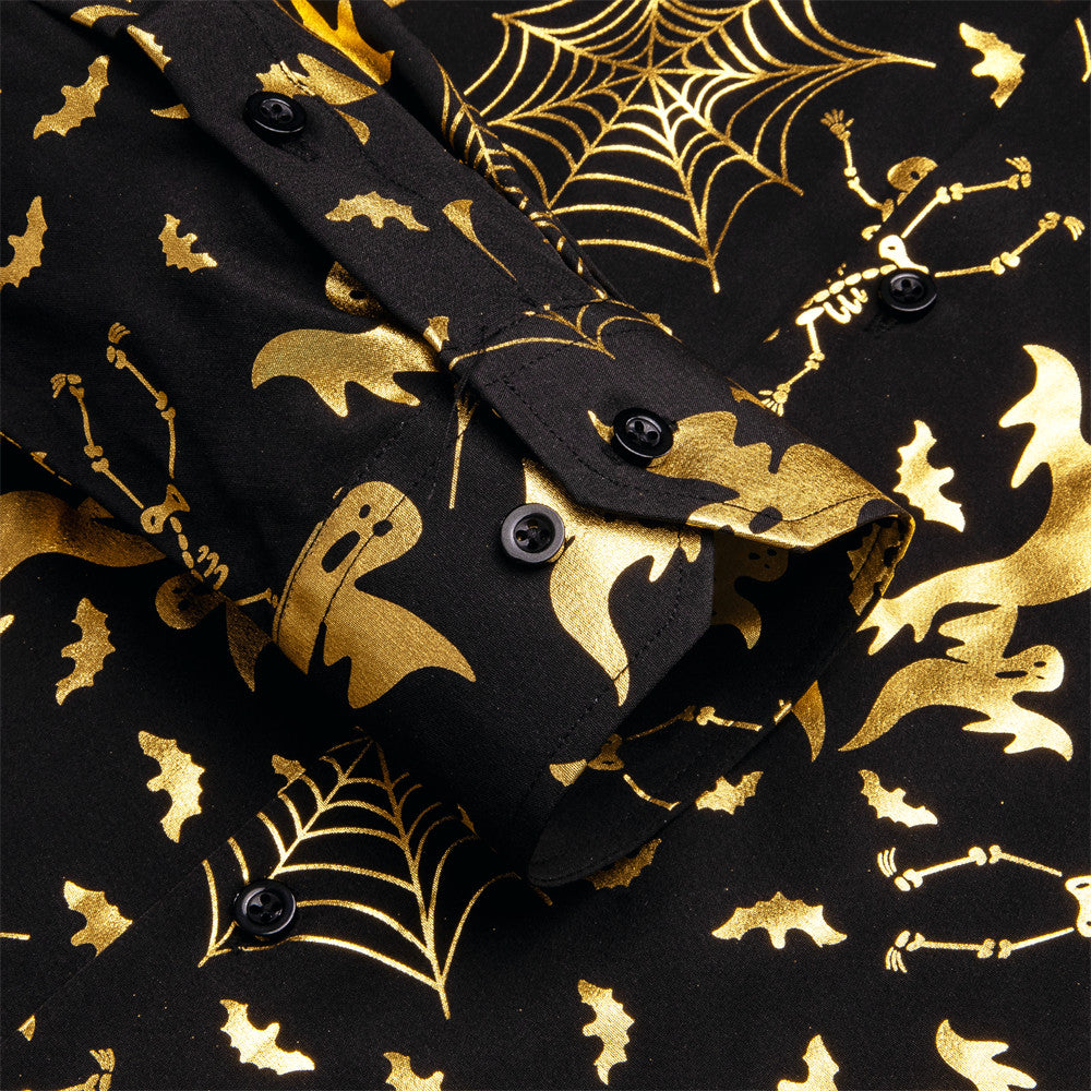 Black & Gold Silk Shirt with Halloween Cobweb, Skull, and Ghost Pattern shirt    - Sophisticated Gentlemen