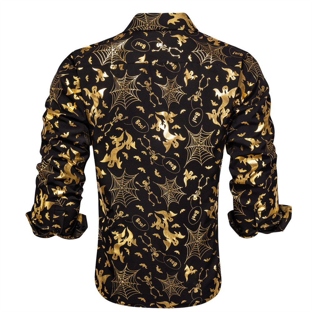 Black & Gold Silk Shirt with Halloween Cobweb, Skull, and Ghost Pattern shirt    - Sophisticated Gentlemen