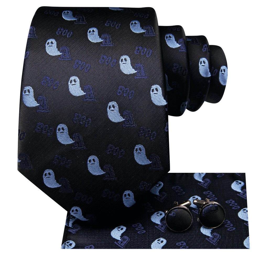 Halloween Black & Blue Ghost Necktie Set with Pocket Square and Cufflinks tie sets - Sophisticated Gentlemen