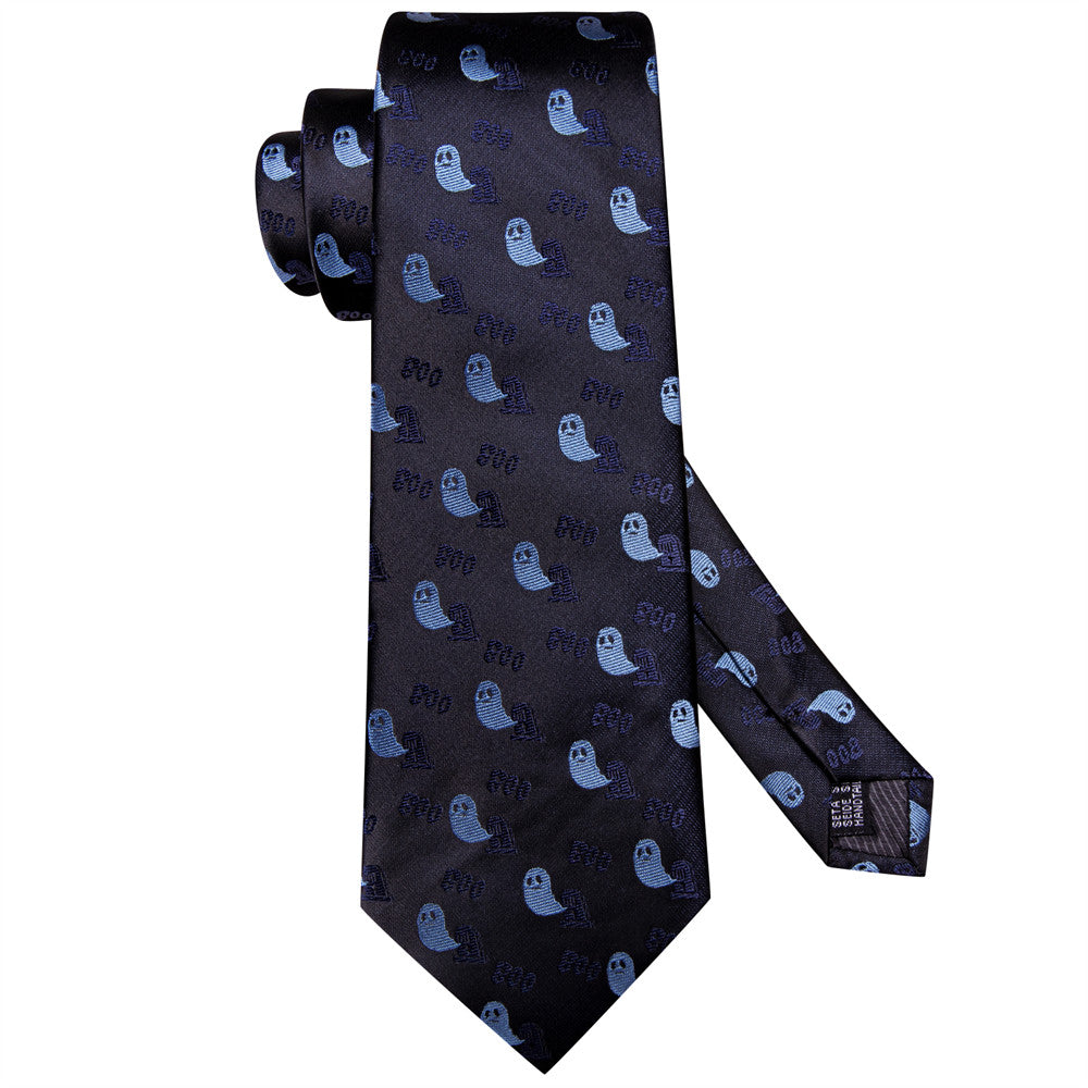 Halloween Black & Blue Ghost Necktie Set with Pocket Square and Cufflinks tie sets - Sophisticated Gentlemen