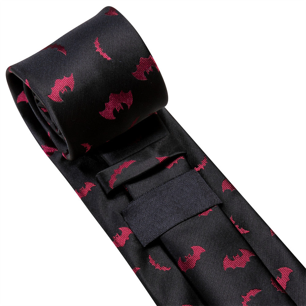Black & Red Bat Necktie Set with Matching Hanky and Cufflinks tie sets - Sophisticated Gentlemen