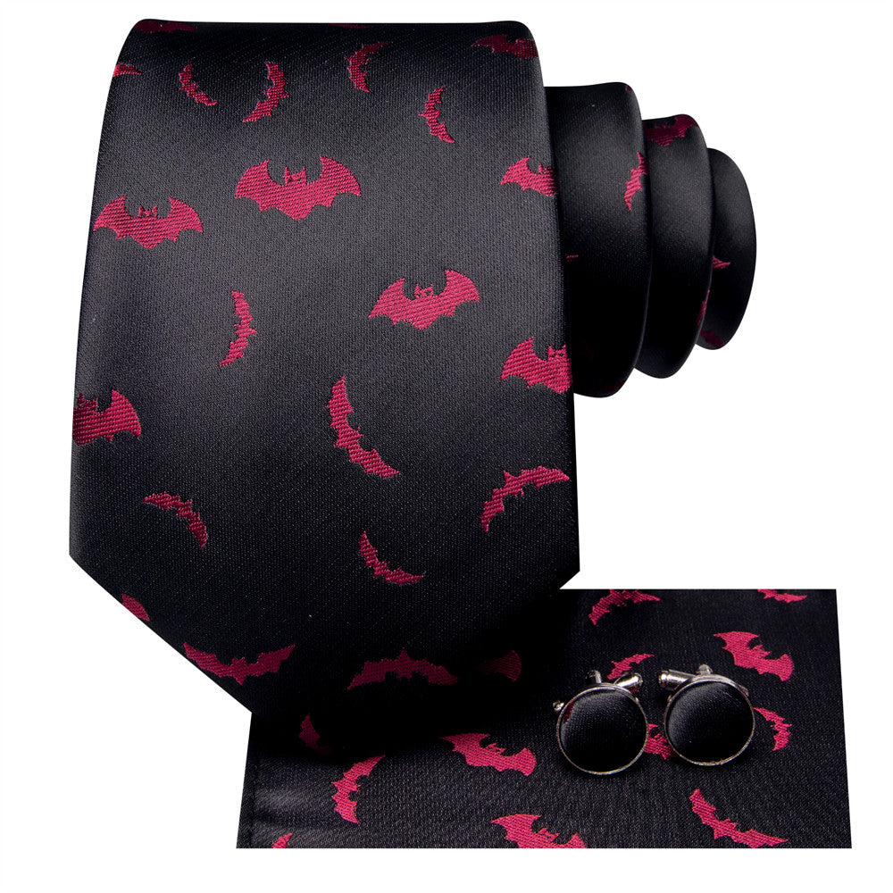 Black & Red Bat Necktie Set with Matching Hanky and Cufflinks tie sets - Sophisticated Gentlemen