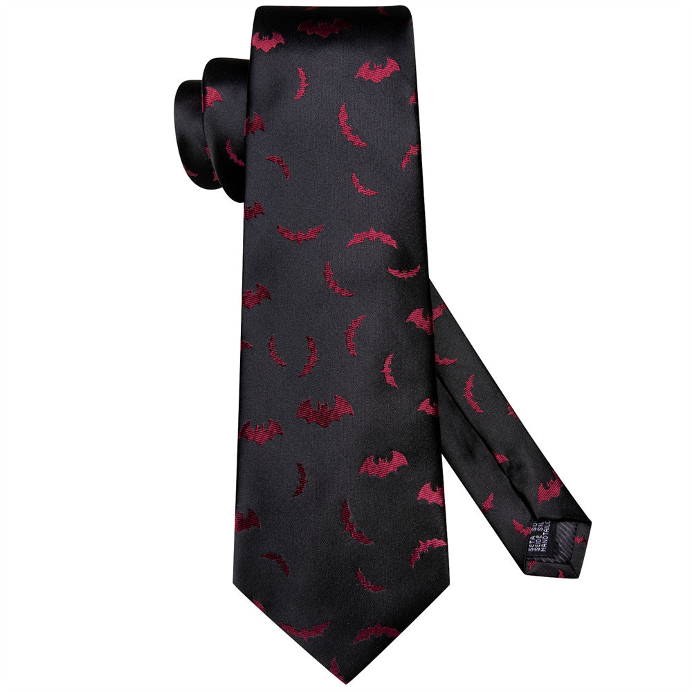Black & Red Bat Necktie Set with Matching Hanky and Cufflinks tie sets - Sophisticated Gentlemen