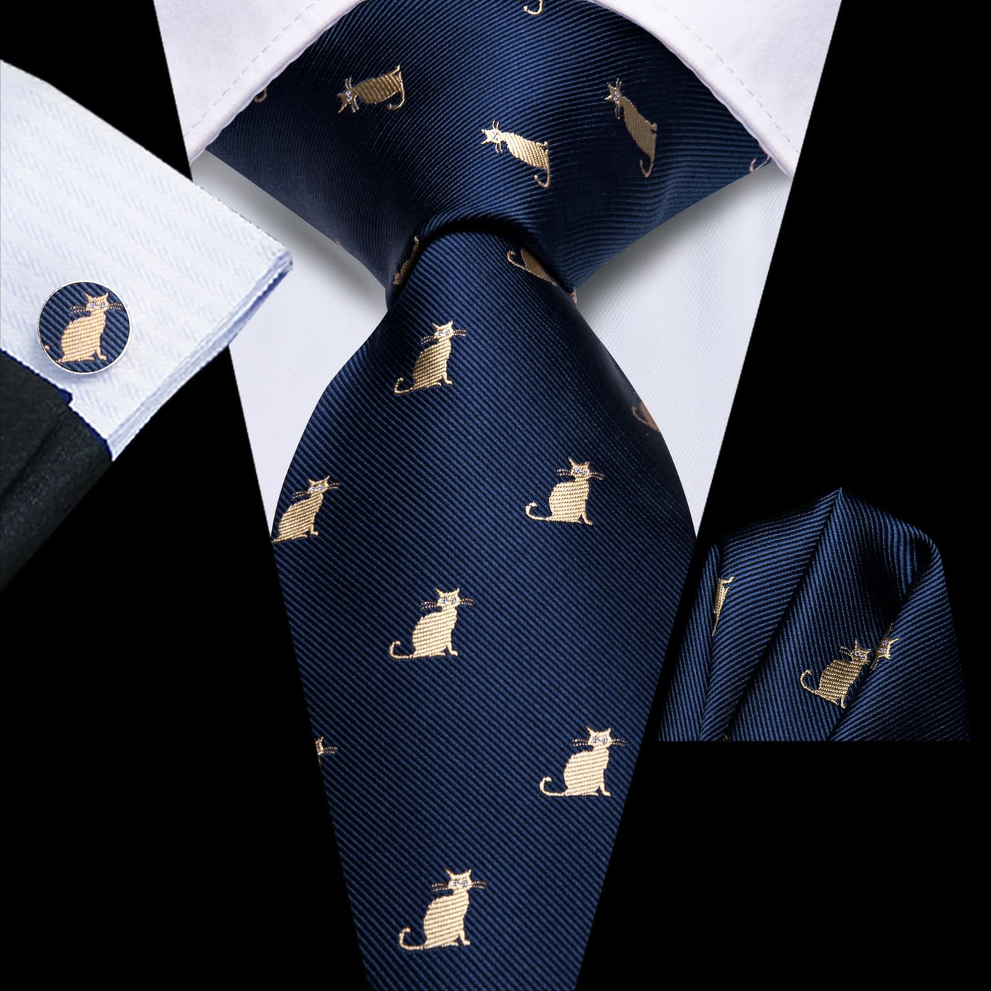 Navy Blue & Gold Cat Pattern Silk Tie Set tie sets - Sophisticated Gentlemen