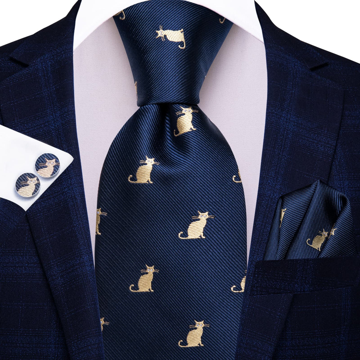 Navy Blue & Gold Cat Pattern Silk Tie Set tie sets - Sophisticated Gentlemen