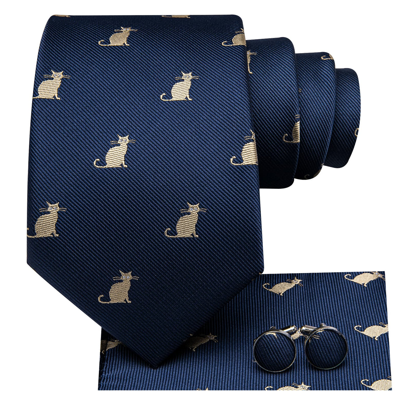 Navy Blue & Gold Cat Pattern Silk Tie Set tie sets - Sophisticated Gentlemen
