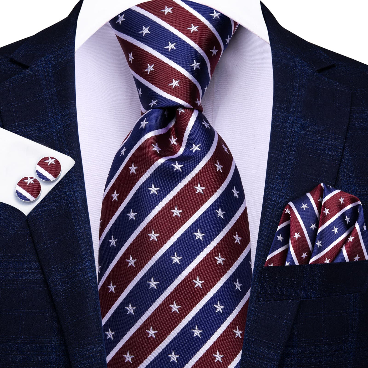 American Flag Striped Tie, Pocket Square & Cufflinks Set – Patriotic Stars & Stripes Design tie sets - Sophisticated Gentlemen