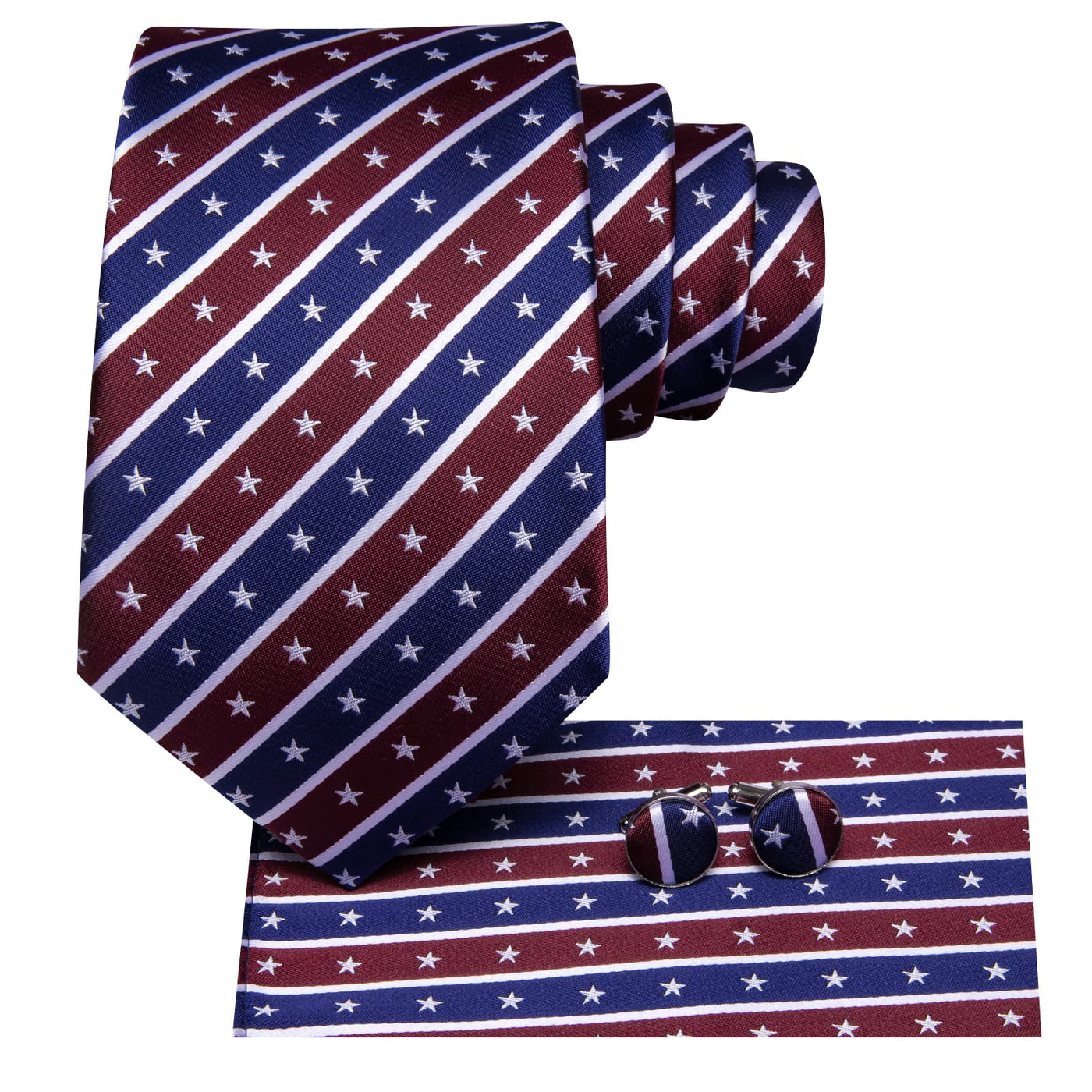 American Flag Striped Tie, Pocket Square & Cufflinks Set – Patriotic Stars & Stripes Design tie sets - Sophisticated Gentlemen