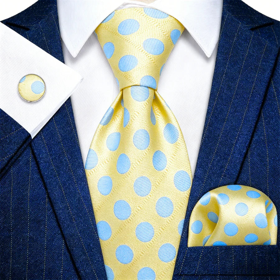blue dress shirt with yellow tie & Light Polka Dot Silk Set Pocket Square and Cufflinks Black Outfit Formal Dresses ProductID: 111195 Color:Magenta Multi due to the varying