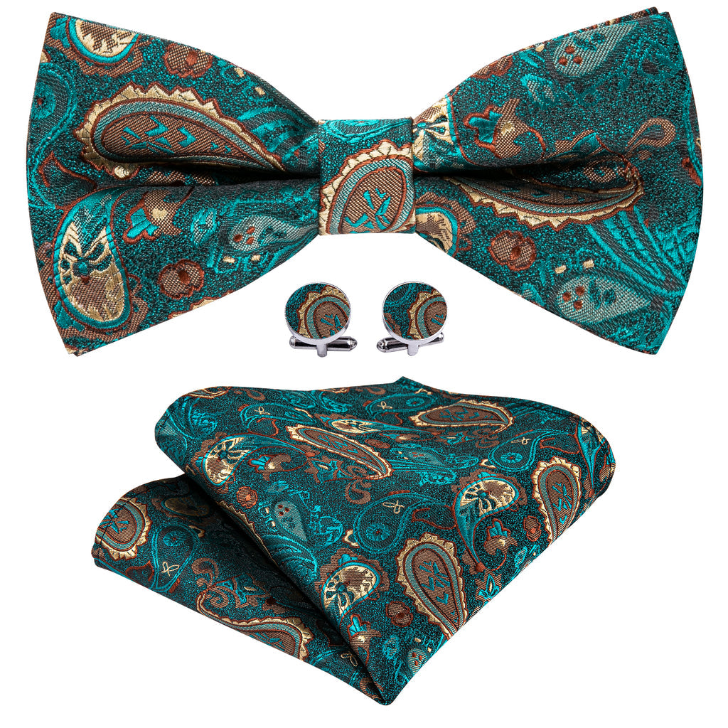 Teal Blue Paisley Silk Bow Tie Set bow ties - Sophisticated Gentlemen