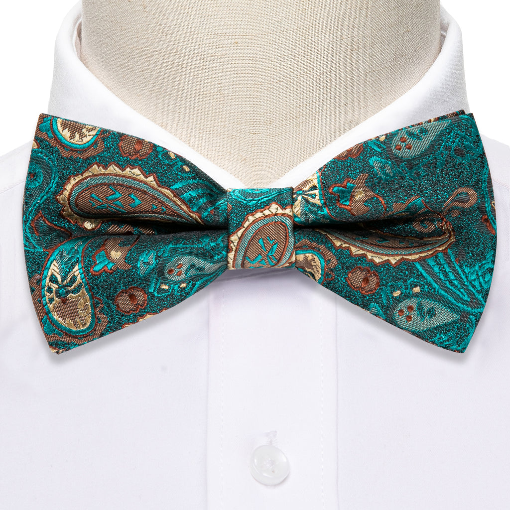 Teal Blue Paisley Silk Bow Tie Set bow ties - Sophisticated Gentlemen