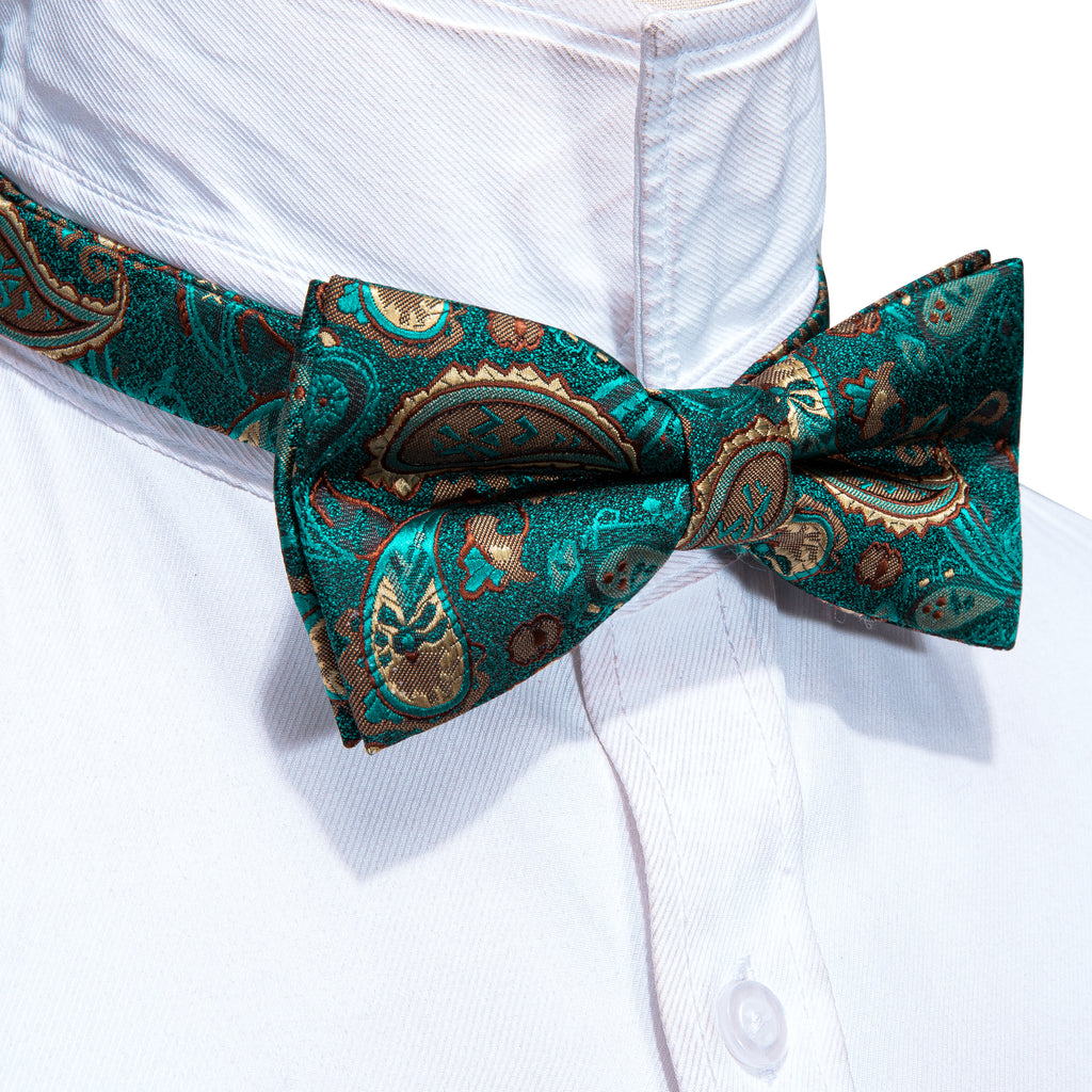 Teal Blue Paisley Silk Bow Tie Set bow ties - Sophisticated Gentlemen
