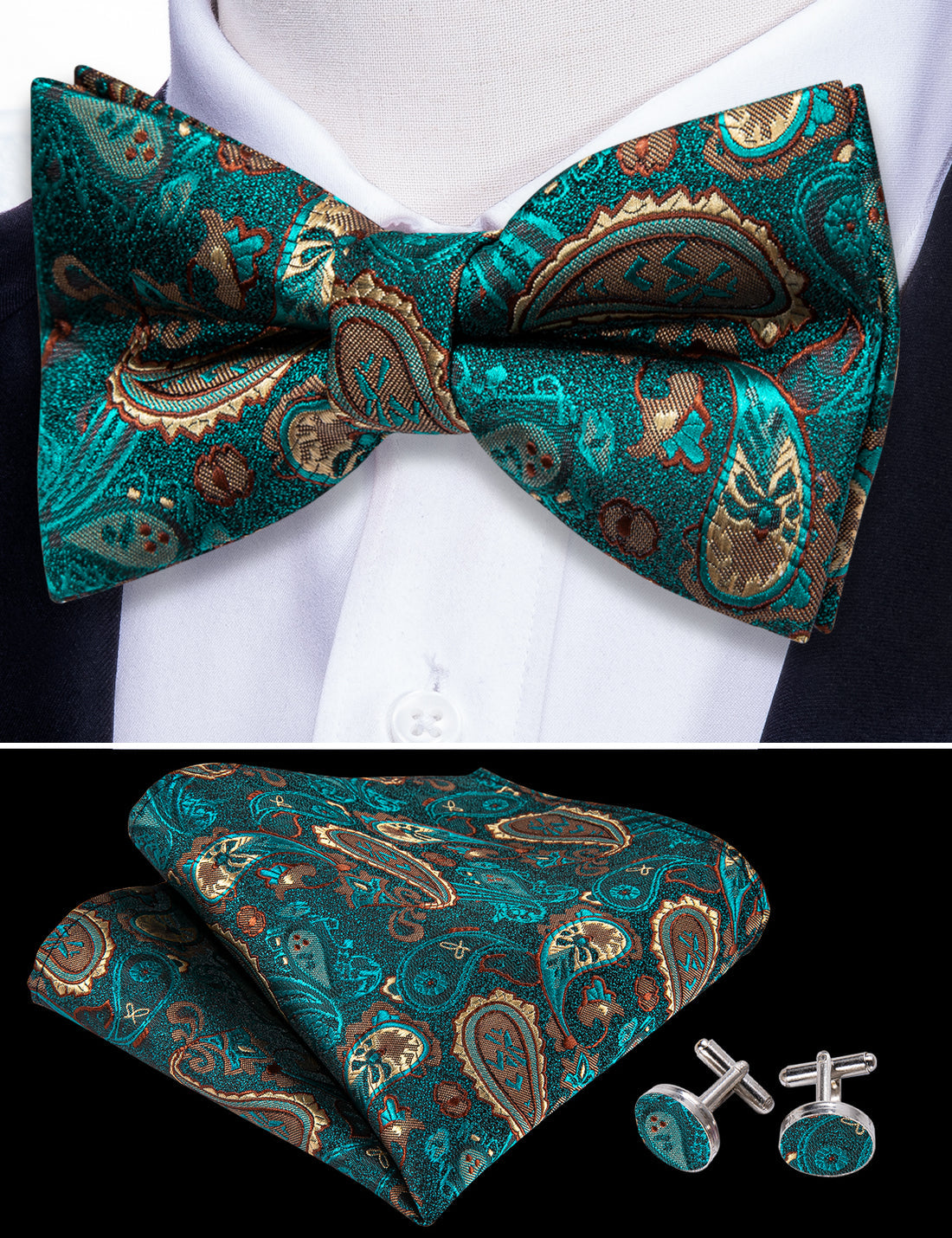 Teal Blue Paisley Silk Bow Tie Set bow ties - Sophisticated Gentlemen