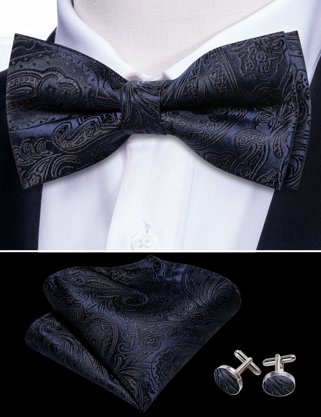 Deep Blue Paisley Bow Tie Set bow ties - Sophisticated Gentlemen