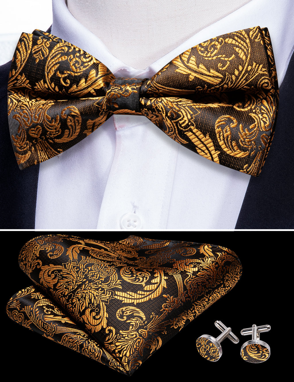 Black and Gold Paisley Bow Tie Set bow ties - Sophisticated Gentlemen