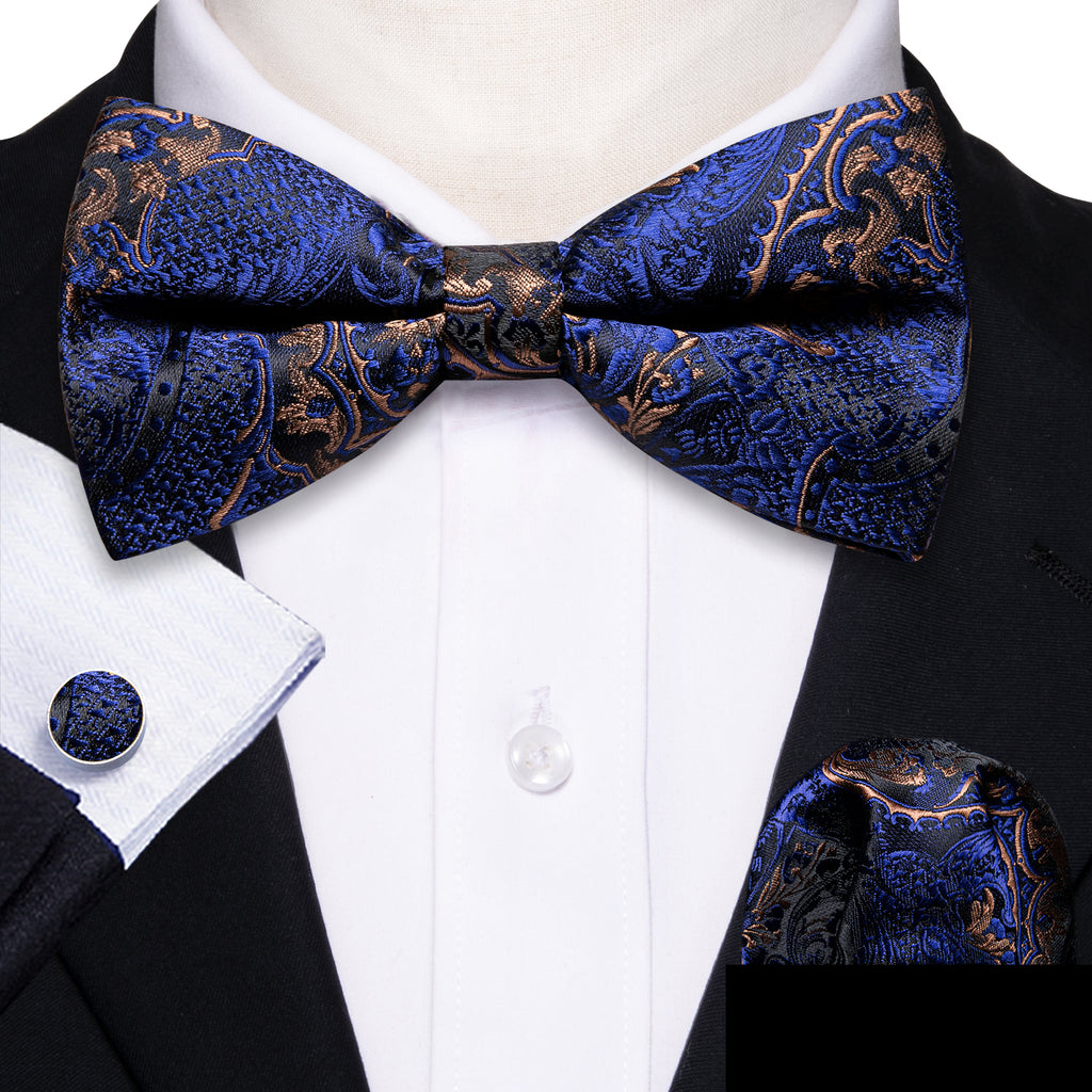 Blue Gold Paisley Bow Tie Set bow ties - Sophisticated Gentlemen