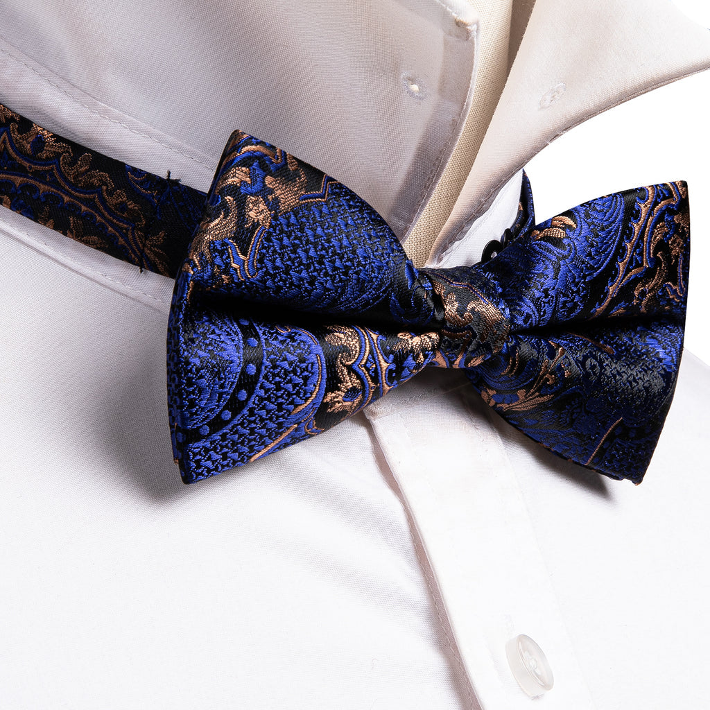 Blue Gold Paisley Bow Tie Set bow ties - Sophisticated Gentlemen