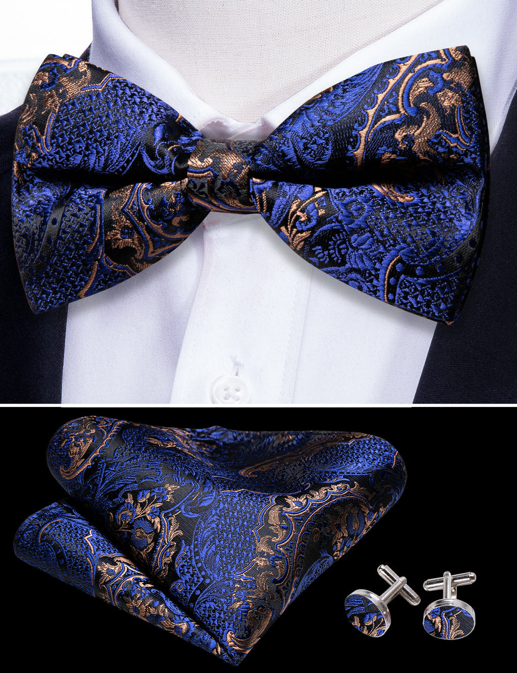 Blue Gold Paisley Bow Tie Set bow ties - Sophisticated Gentlemen