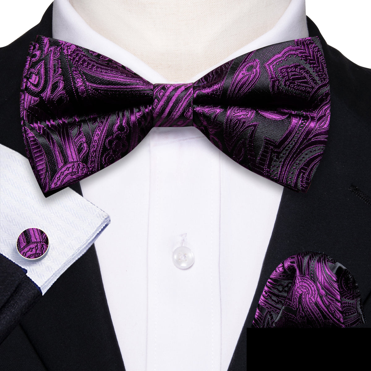 Purple Black Paisley Bow Tie Set bow ties - Sophisticated Gentlemen