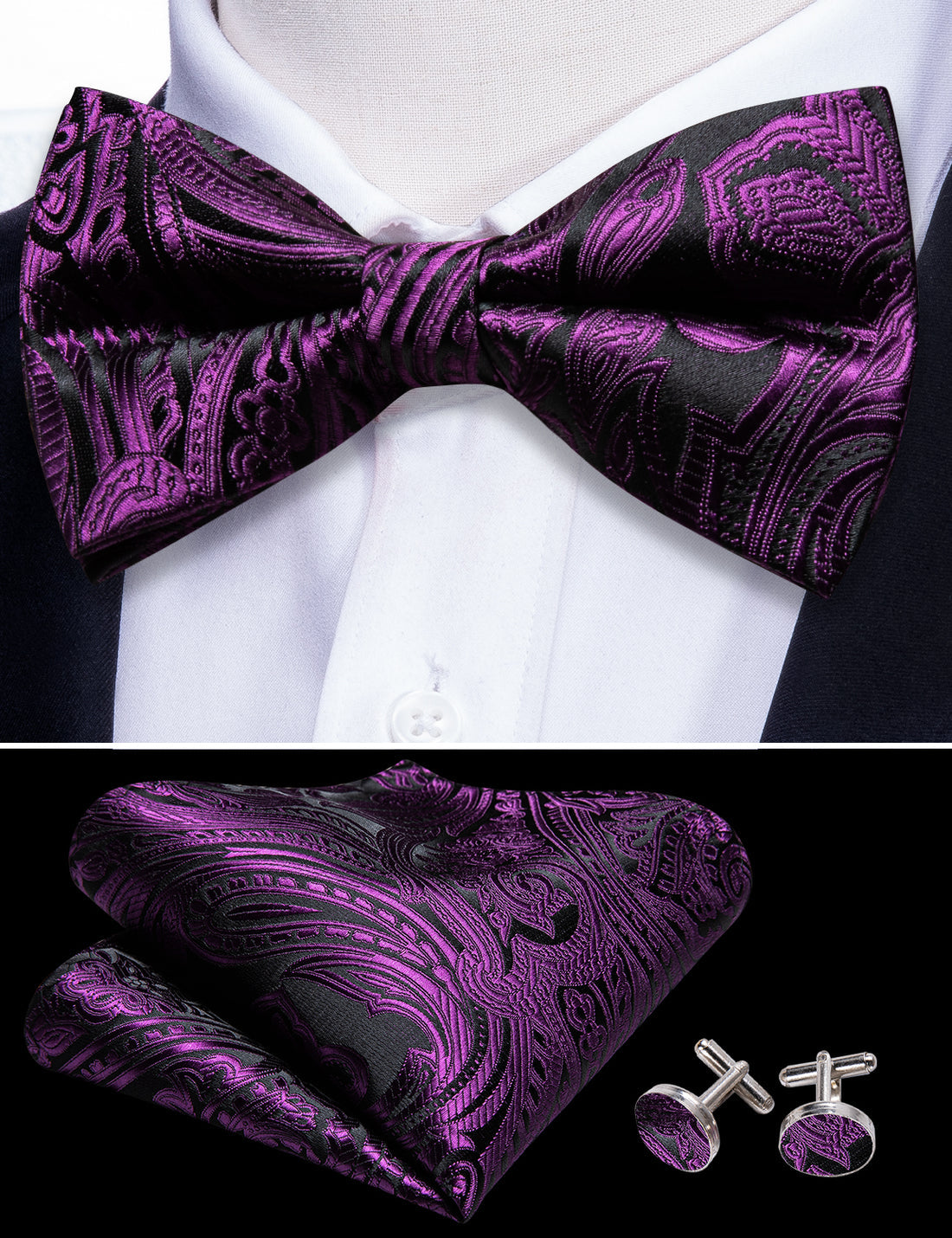 Purple Black Paisley Bow Tie Set bow ties - Sophisticated Gentlemen