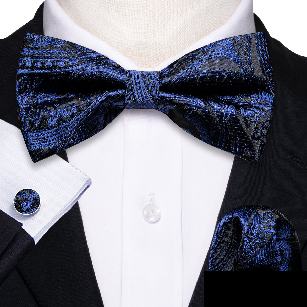 Black Blue Paisley Bow Tie Set bow ties - Sophisticated Gentlemen