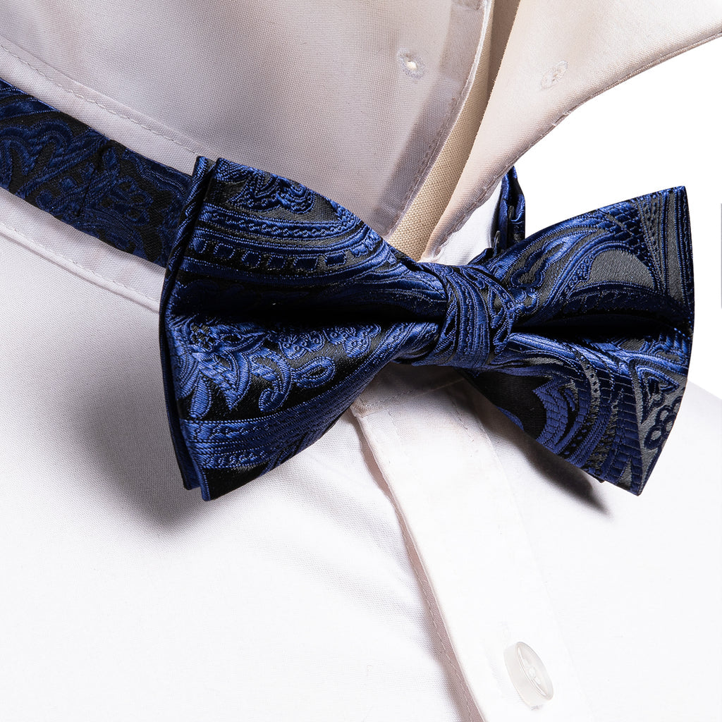 Black Blue Paisley Bow Tie Set bow ties - Sophisticated Gentlemen