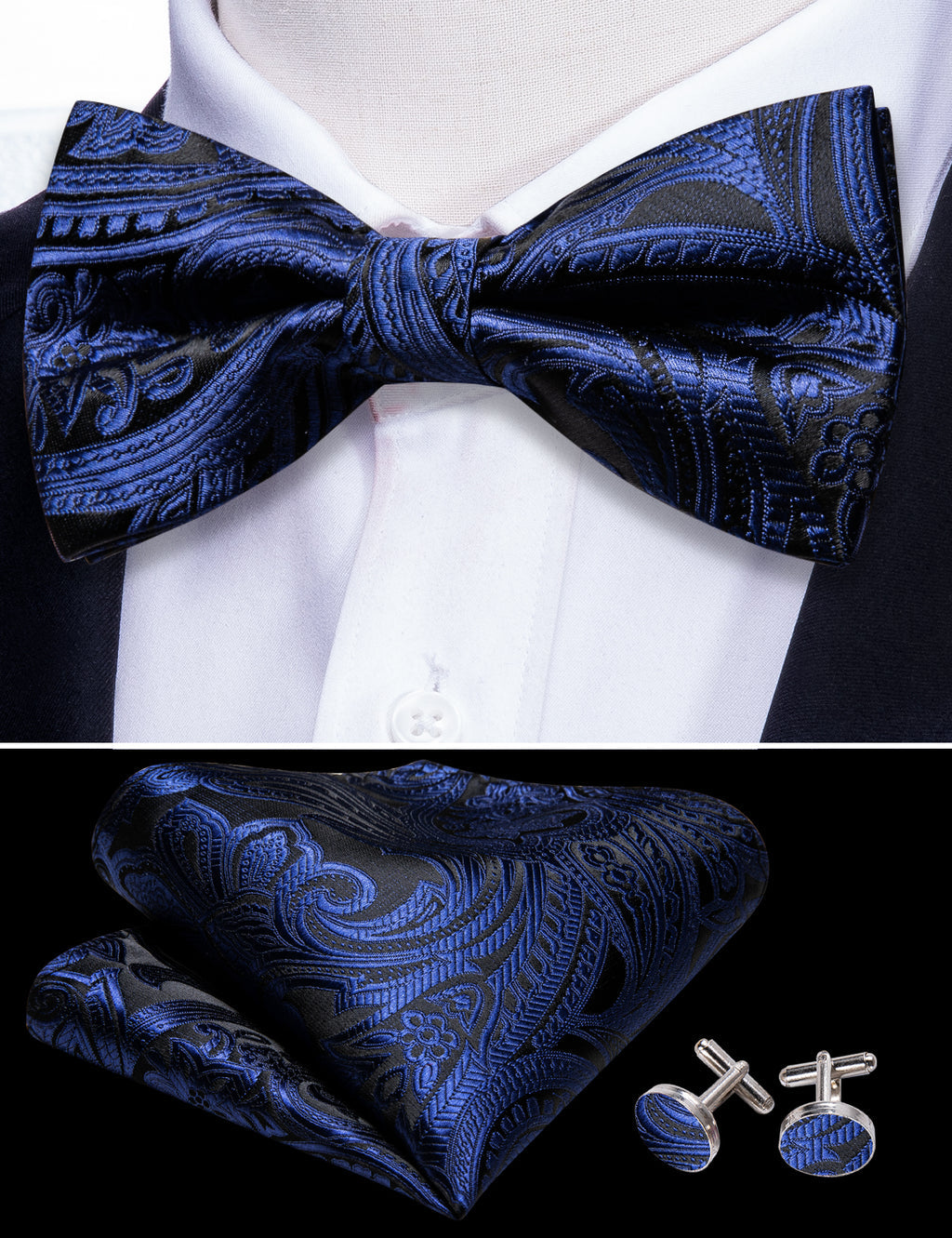 Black Blue Paisley Bow Tie Set bow ties - Sophisticated Gentlemen
