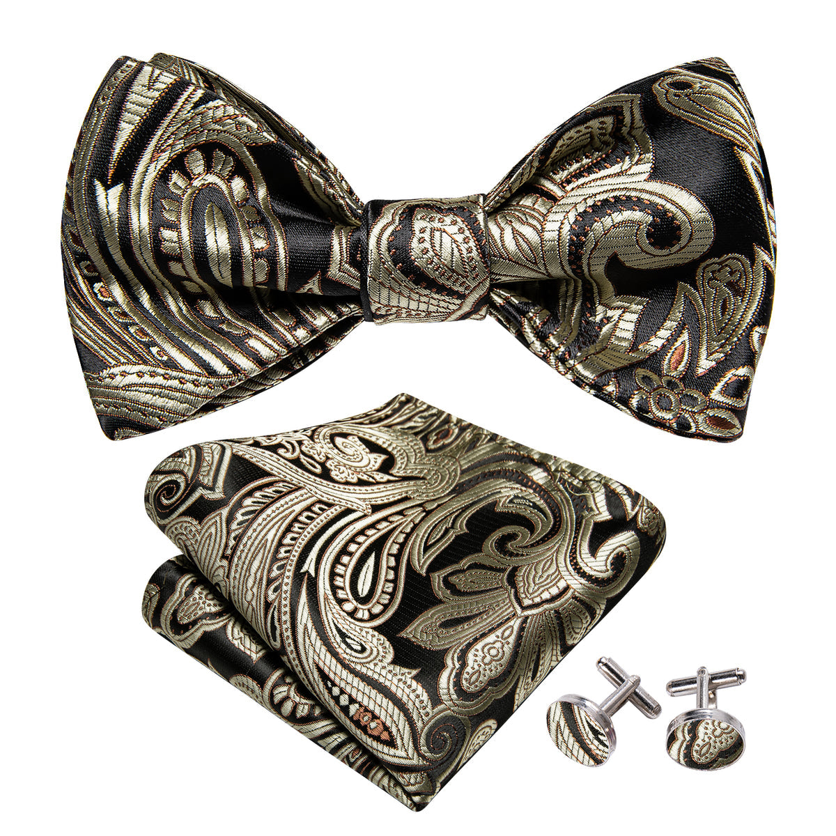 Black and Champagne Paisley Bow Tie Set bow ties - Sophisticated Gentlemen